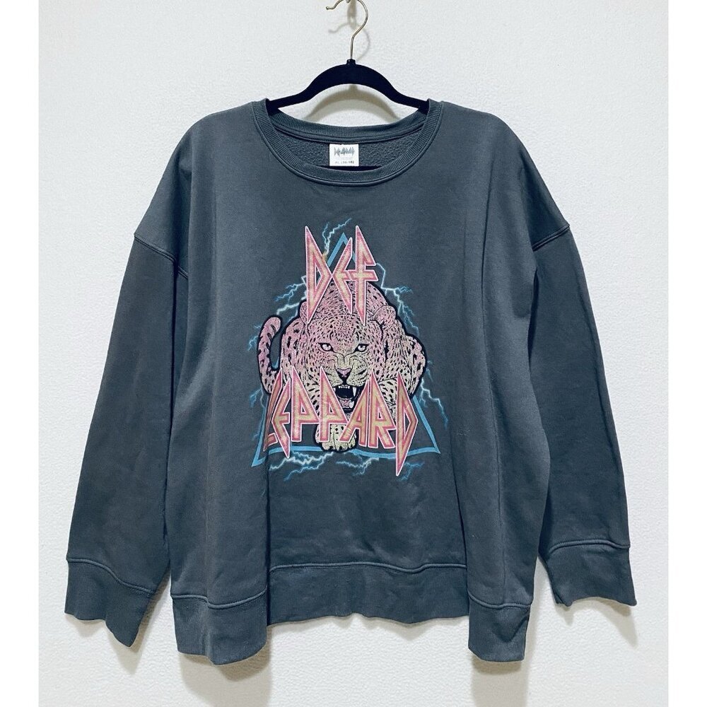 Def Leppard Sweatshirt Womens XL Gray Tiger Graphic Oversized 80s Grunge Boho